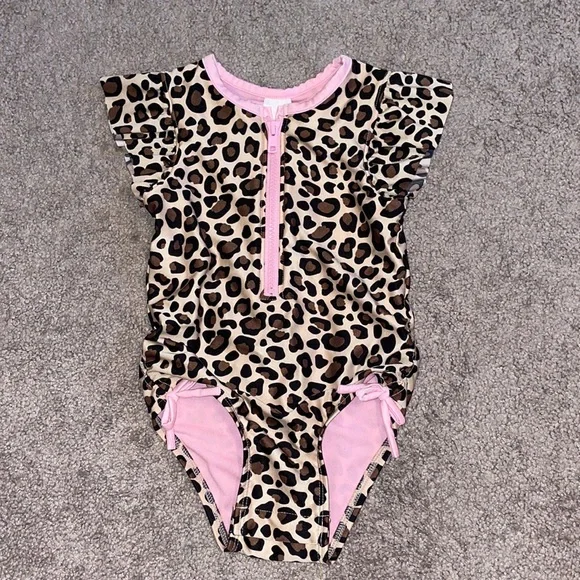 Cat & Jack 3T swimsuit leopard animal print zip up snaps short sleeve one piece - Picture 1 of 6